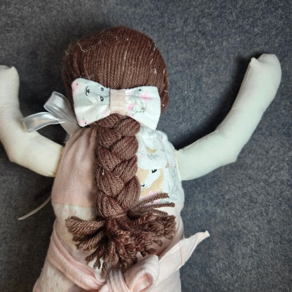 Handmade Cloth Rag Doll Brown Yarn Braid‎ Pink Woodland Deer Outfit 18 In Unique